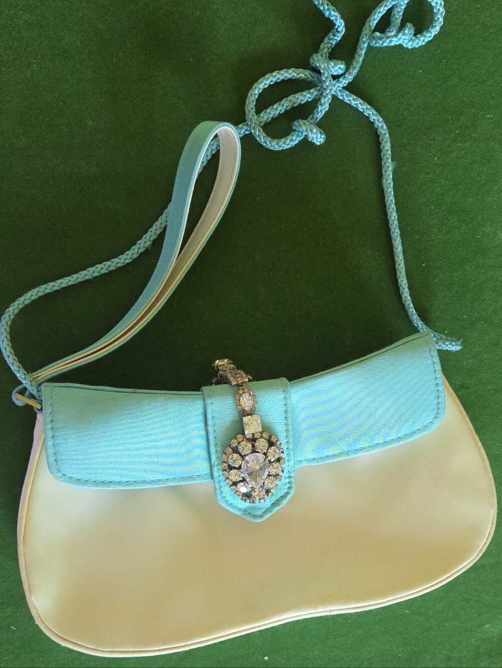 Aqua and Cream Jeweled Flap Crossbody Clutch